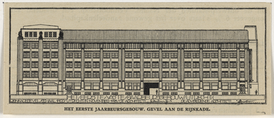 214845 Opstand van de gevel aan de Rijnkade van het eerste Jaarbeursgebouw op het Vredenburg te Utrecht.